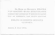 Geboortekaartje R.G.S.L. (Rolien) Westra van Holthe (1931)